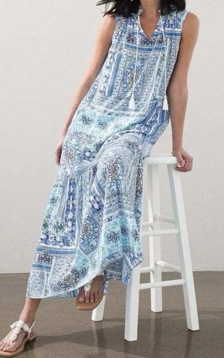 Chico's Dresses & Skirts - Chico’s Maxi Dress Size 1 Boho Geometric Tile Print Peasant Costal Beach A009018